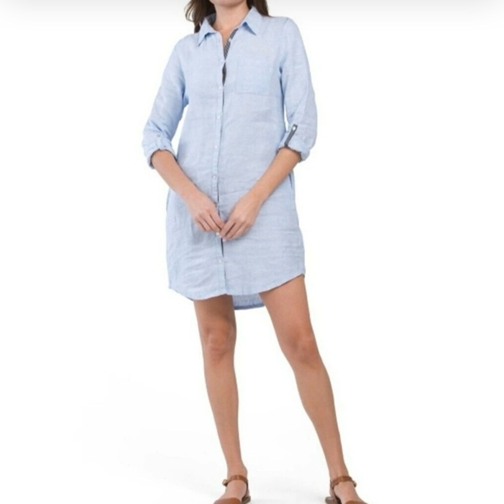 C&C California Linen Long Convertible Sleeve Shirt Dress Women’s Small in Blue